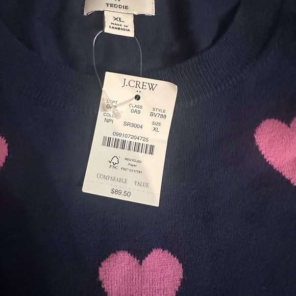 J. Crew Navy Blue Sweater with Pink Heart Accents New-Cute! - Picture 5 of 14
